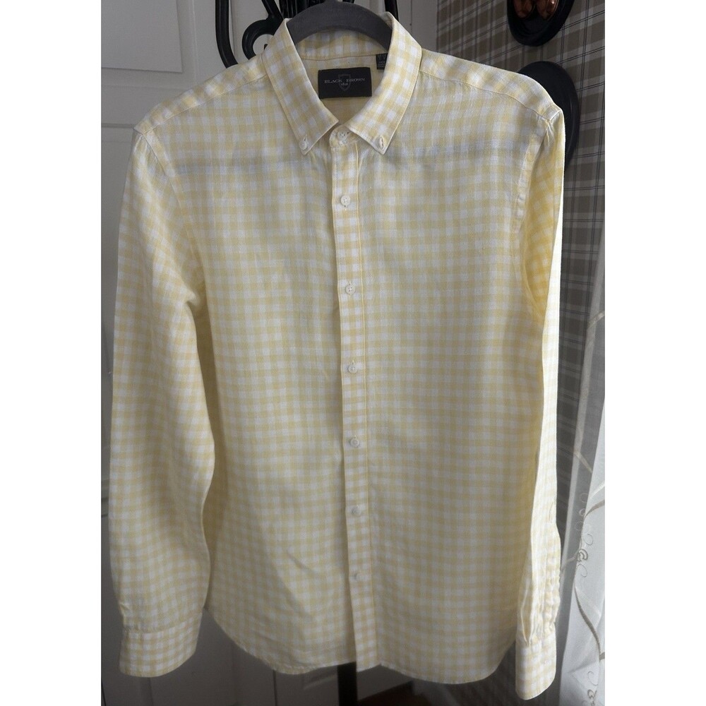 Black Brown 1826 Men's Yellow Check Linen Long Sleeve Button-Down Shirt - Size S